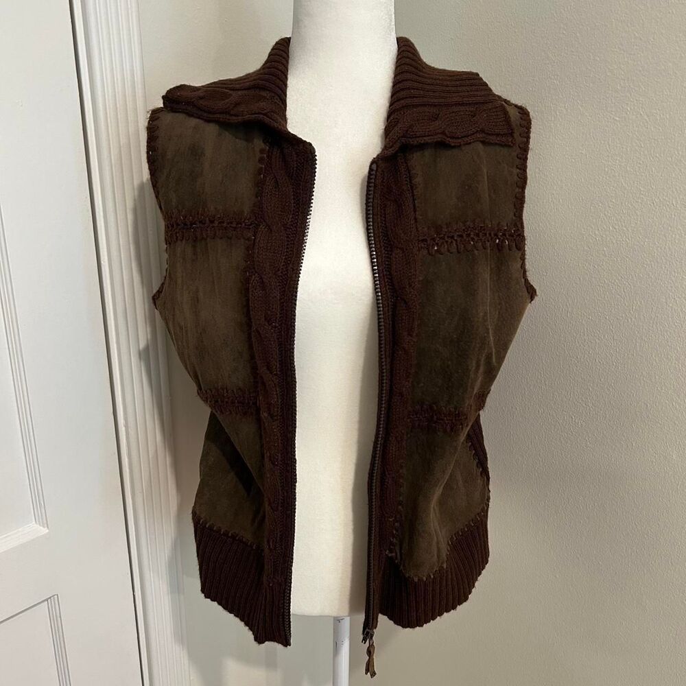 Patchwork suede leather sleeveless zip up sweater